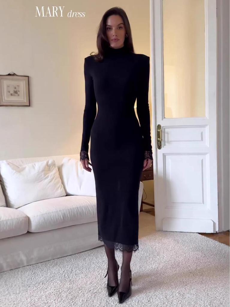 2025 Autumn Elegant Black Slimming Lace Dress for Women