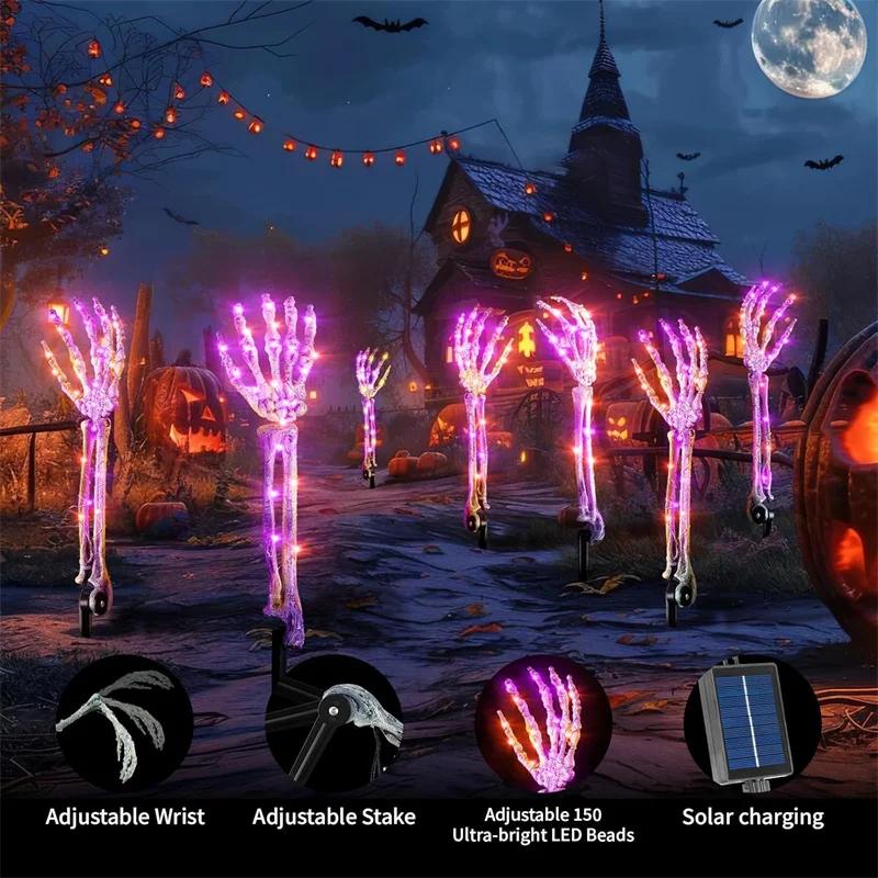 Halloween Solar Ghost Hand LED Light String, Ghost Festival Courtyard Atmosphere Decoration Light, Copper Wire Ground Plug Light
