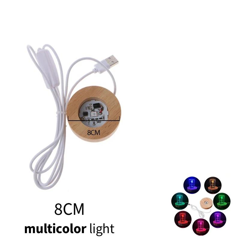 1/4 STÜCKE Holz Lichtbasis USB-Stecker Schaltersteuerung Nachtlampe Buntes LED-Licht Kunstornament Kristallglas Epoxidharzbasis 6/8 cm