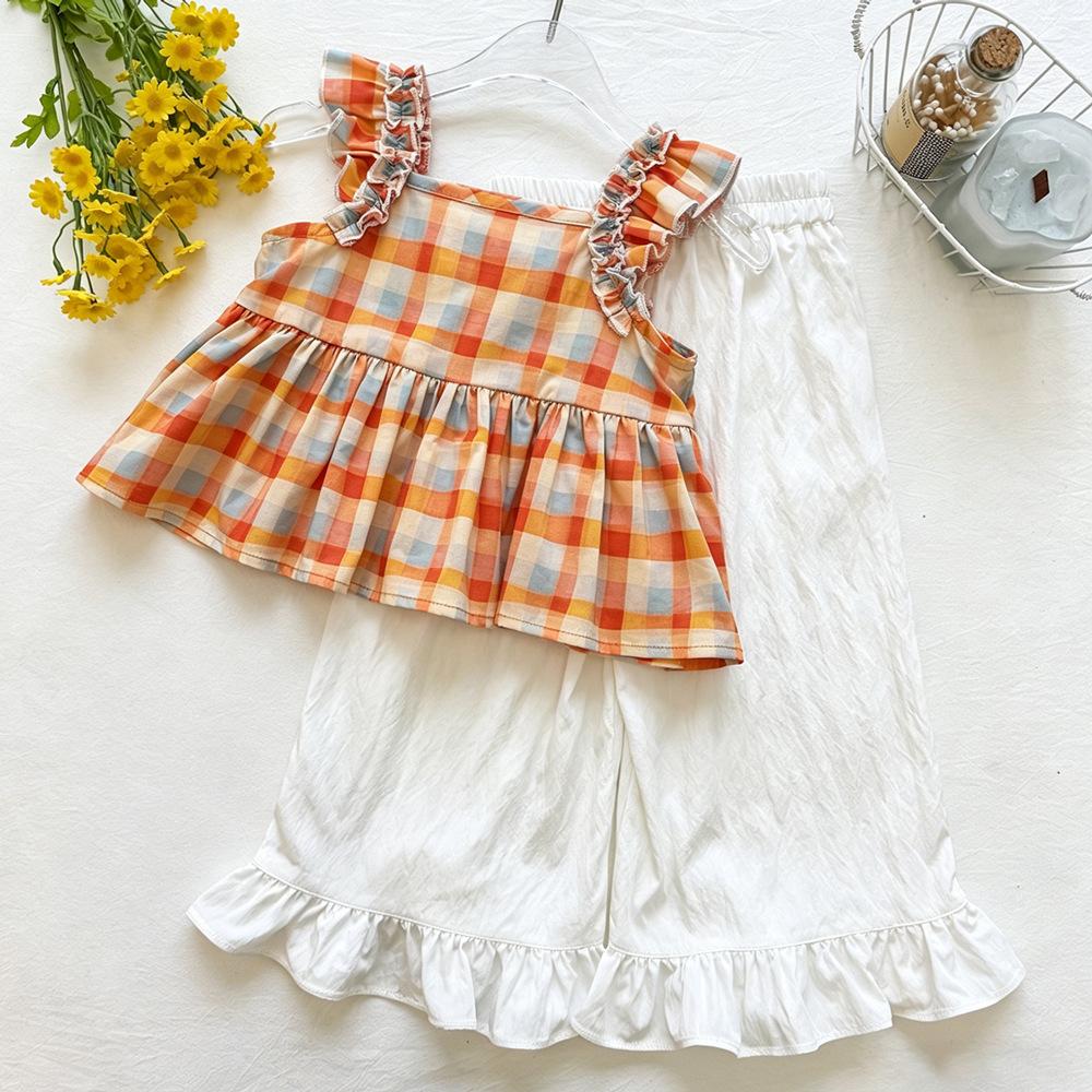 Girls Summer Orange Plaid Bow Flutter Sleeve Top With Ruffle Wide Leg Pants 2 Piece Outfit Set
