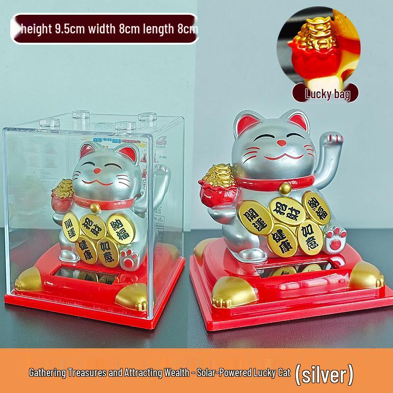 335 New Small Solar Waving Lucky Cat Ornament for Cake, Home, or Car Decoration