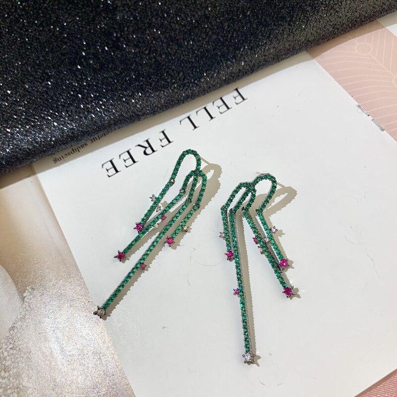 Personality Micro-set Green Cubic Zirconia Pentagram Earrings Long Tassel Earrings Lady Earringsfashion Dangle Earrings Dropship
