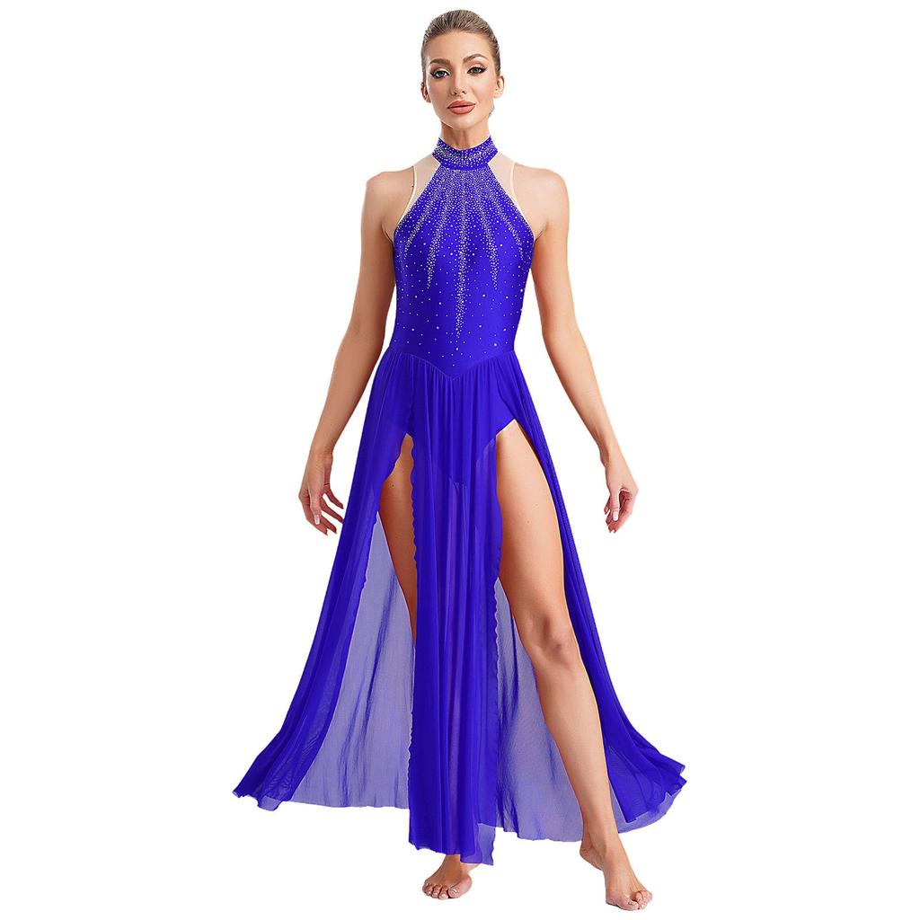 Dámské třpytivé taneční šaty s kamínky, bez rukávů, klíčová dírka na zádech, rozparek na sukni, lyrické představení