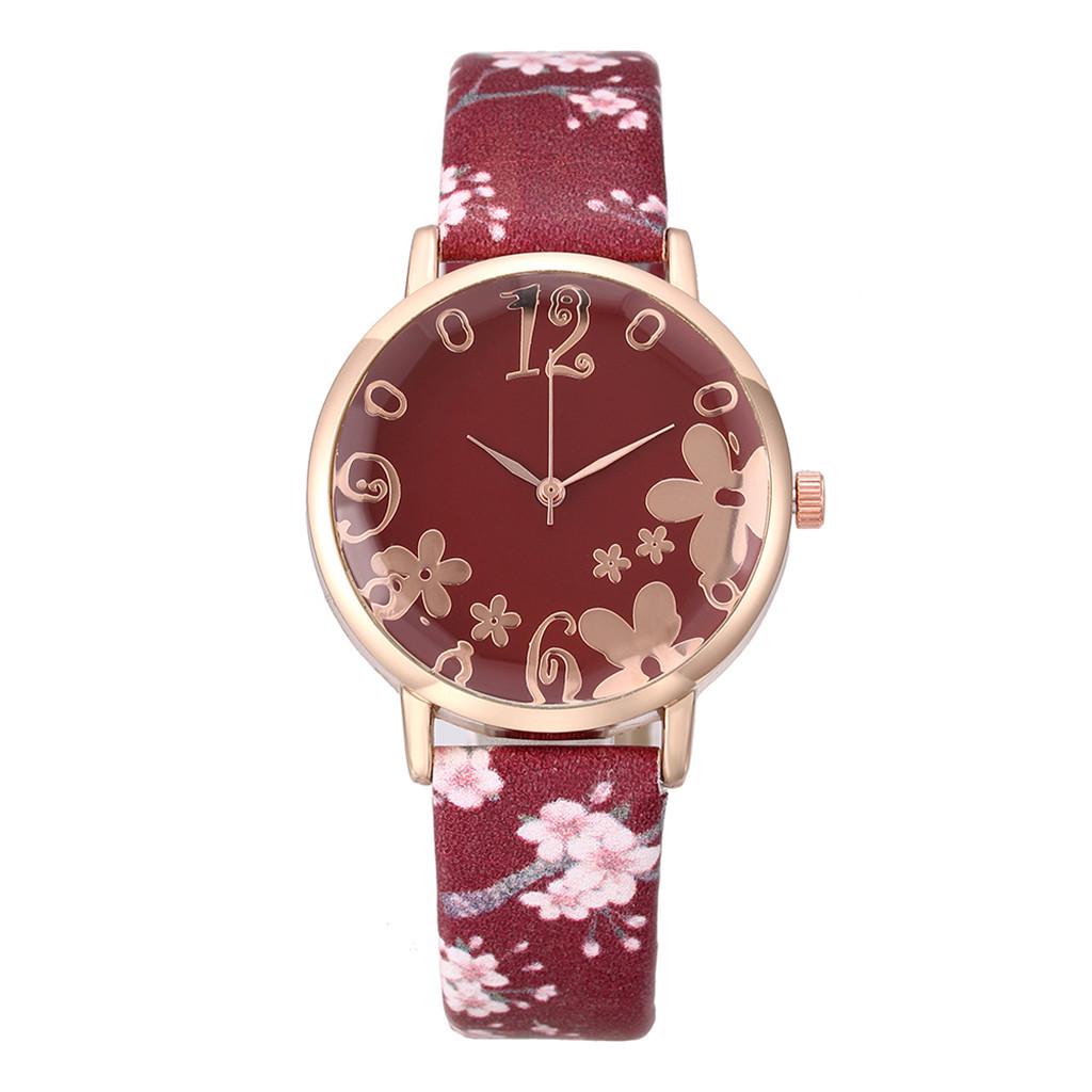 

Women Flowers Printed Leather Belt Ladies Quartz Watch Wristwatch