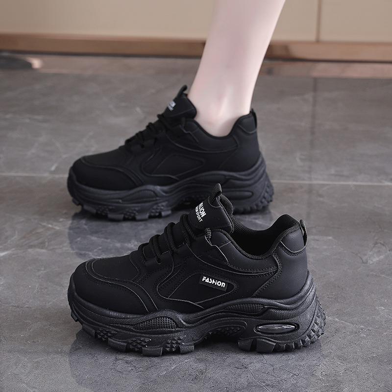 Korean Style Pu Leather Upper Thick Sole Platform Dad Sneakers Women Casual Sports Walking Shoes