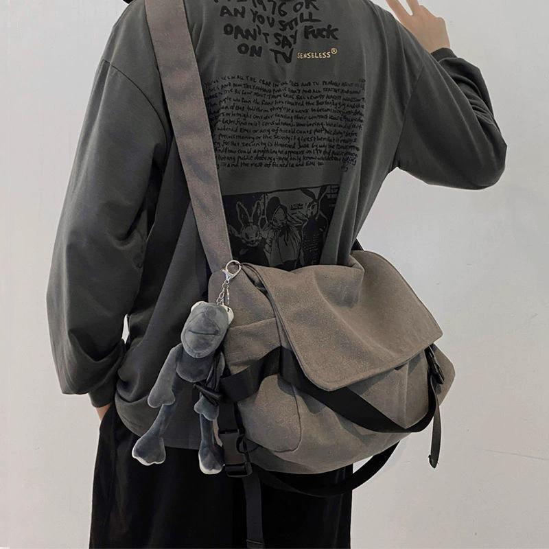 Men's Solid Canvas Crossbody Bag with Cartoon Charm Large Capacity Casual Shoulder Bag for Daily Work Commute