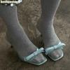Bowknot One-Strap High Heels Slipper for Women 2025 Summer New Square Toe Slides Open Toe Sexy Lace Sole Casual Sandals