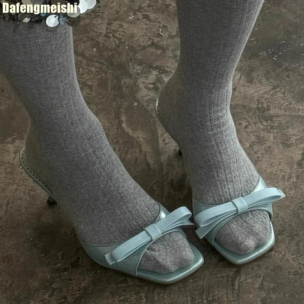 Bowknot One-Strap High Heels Slipper for Women 2025 Summer New Square Toe Slides Open Toe Sexy Lace Sole Casual Sandals