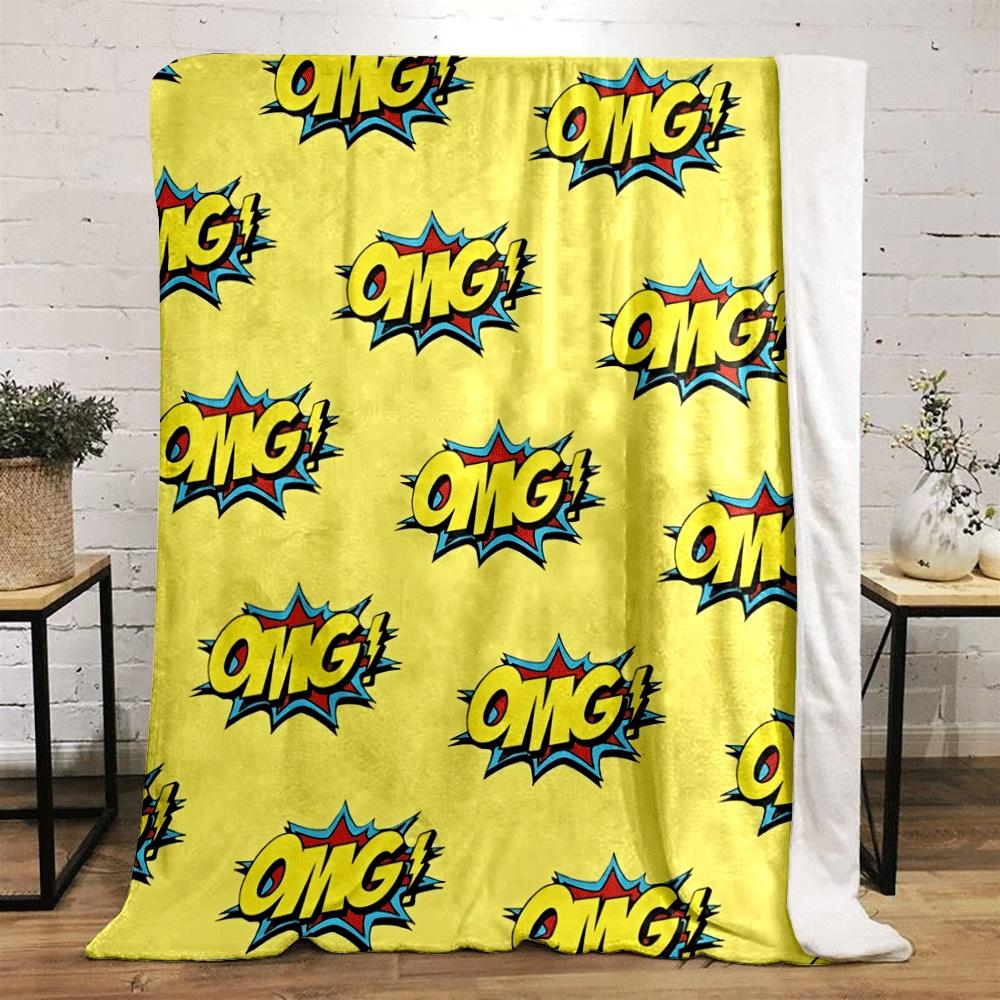 Comic-style "OMG!" text with colorful explosion effects on yellow background. for all seasons blanket lunch break throw gift