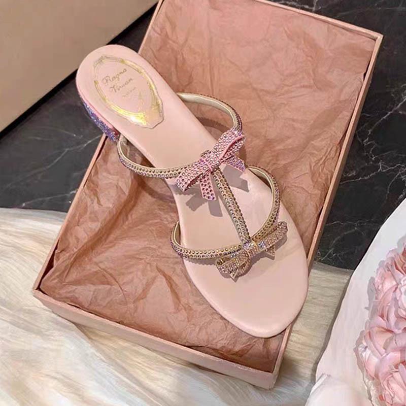 New Fairy Rhinestone Sandals Summer New Bow T-strap Toe High-heeled Sandals