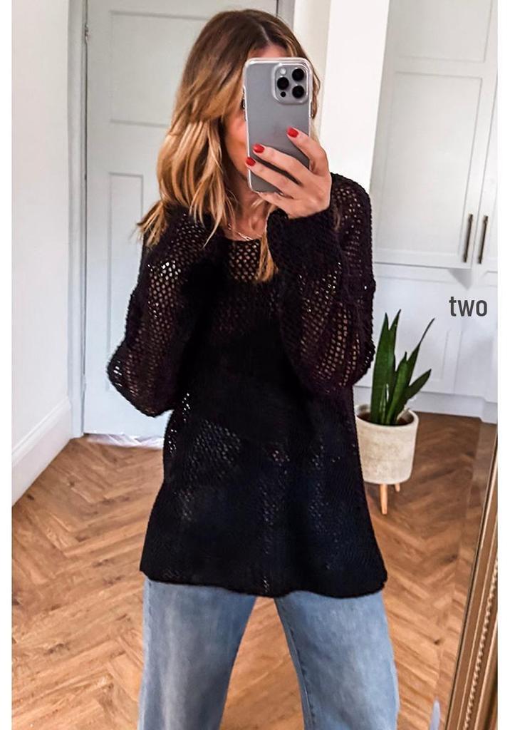2025 Winter Loose Knit Round Neck Women's Fashion Crochet Drop Shoulder Sweater