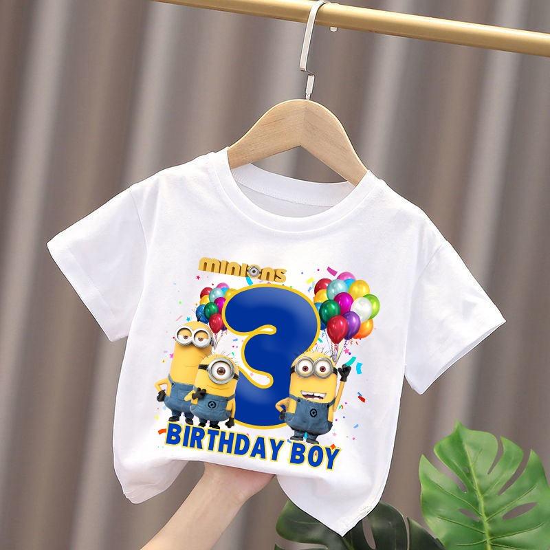 Minionses Cotton T-Shirt Anime Cartoon Print Tops Summer Kawaii Fashion Casual Short Sleeve Number 1-9 Birthday Clothes Gifts
