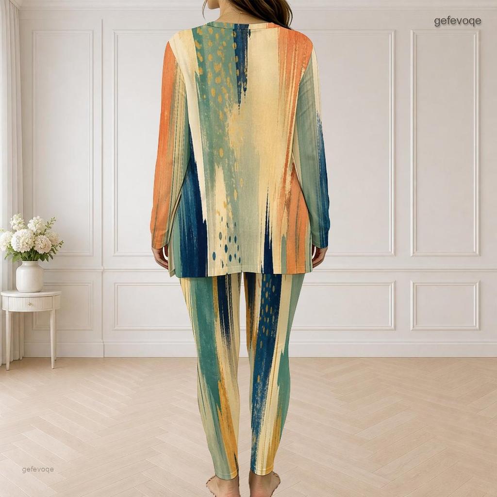 Women Plus Size Dark Blue Printed Half Zip Long Sleeve Longline Top And Fitted Pants Two Piece Set