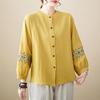 Bluză largă cu broderie stil folk, de primăvară-toamnă, cu nasturi simpli, basic, îmbrăcăminte de damă, vintage, casual, cu gât rotund, mâneci lungi