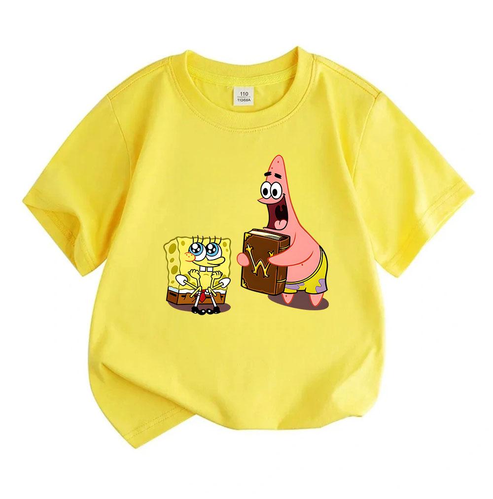 Kids Boys Girls 100% Cotton Crew Neck Short Sleeve T-Shirt, Cute Cartoon Sponge Star Character Print Casual Soft Breathable Tee for Children Daily Wea