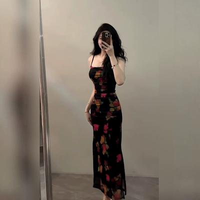 Spring New Retro Floral Suspender Dress Temperament Pure Desire Style Printing Waist Fold Split Fork Long Dress Children