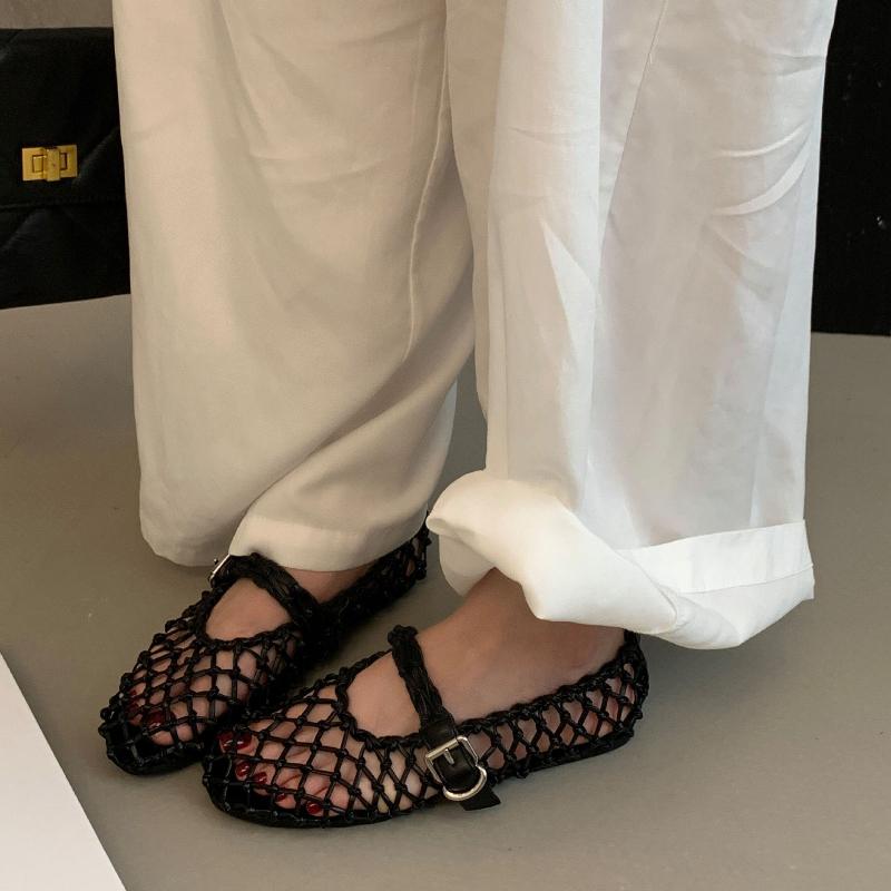 Fashion Luxury Hollow Gold Woven Ballet Flats Women Fashion Round Toe Buckle Brand Designer Shoes Comfortable Shallow Mary Jane Shoes