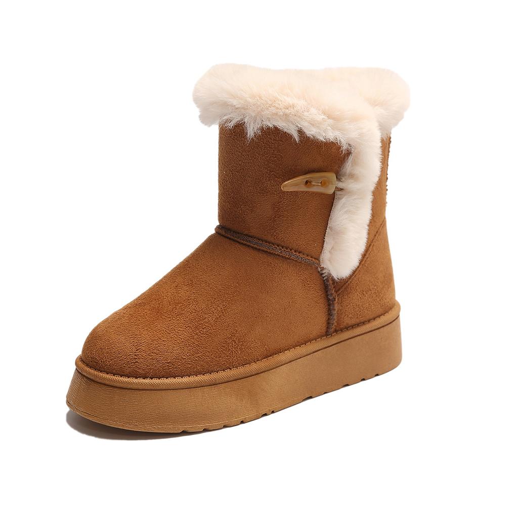 Warme Winterstiefeletten für Damen, rutschfeste Plateau-Schneestiefel mit Fellfutter, Bailey-Knopf, kurze Stiefel für Damen, bequeme Booties aus Fleece-Wildlederimitat