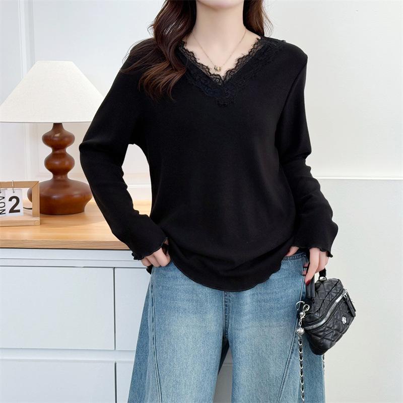 

Autumn/Winter 2025 Plus Size Lace Patchwork V-Neck Long Sleeve Base Layer for Women and Girls, Versatile Fleece Inner Wear 3XL чёрный