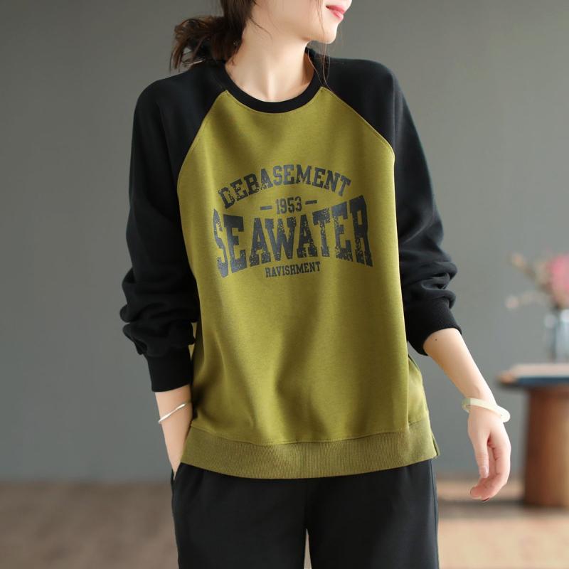 New Autumn Fashion Trend Patchwork Contrast Round Neck Letter Printing Loose Relaxed Oversize Women's Pullover Sweater