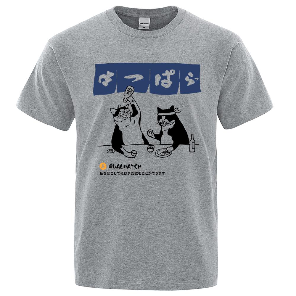 Harajuku Japanische Katze Trink-Tops Herrenmode O-Ausschnitt T-Shirt Straße Sommer Übergroße Kleidung Hip Hop Sweat Baumwoll-T-Shirts
