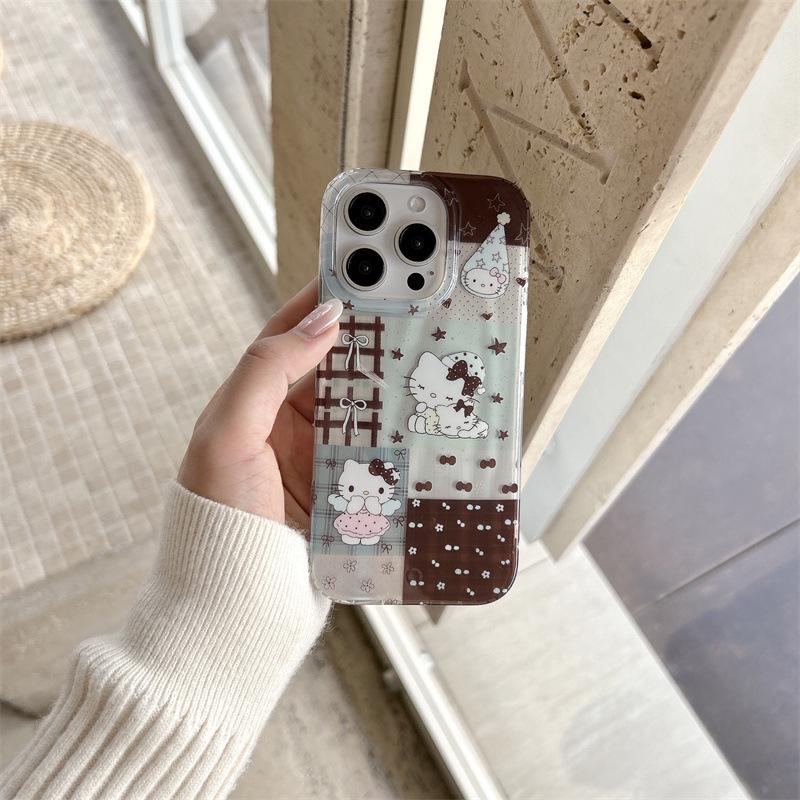 

Girl s Patchwork Plaid Cat iPhone Case for 16 Pro Max/15/14 (Brown & Green) iPhone 17