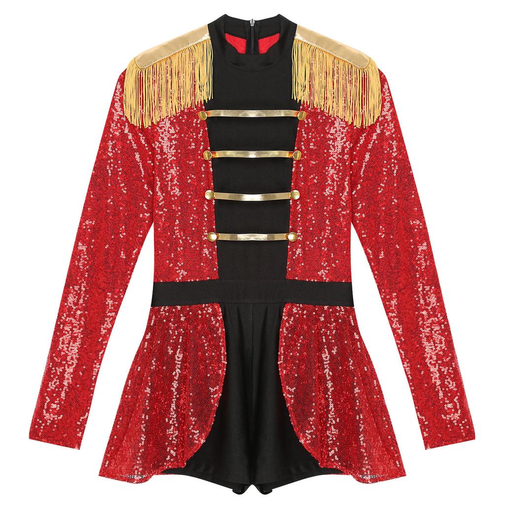 Women Circus Ringmaster Cosplay Costume Shiny Sequins Long Sleeve Fringed Shoulder Leotard Dress Halloween Jumpsuit Costume