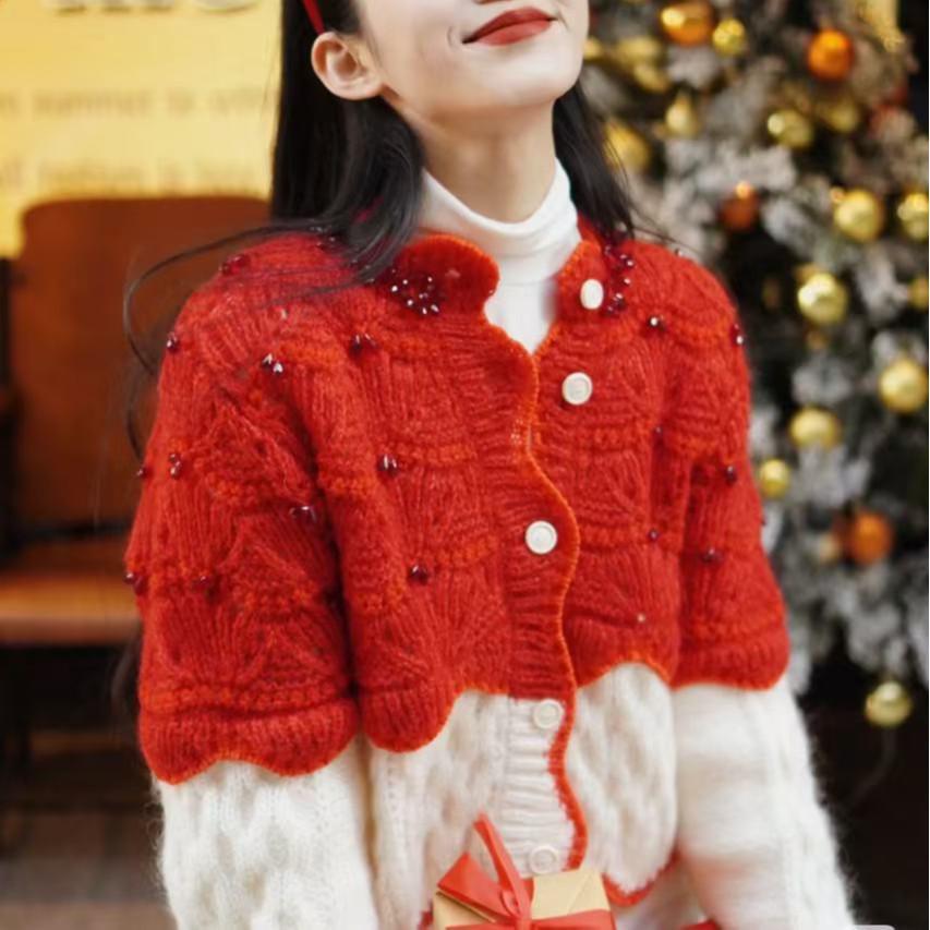 Zhou Ye Zodiac Red Knit Cardigan - French Retro Design, Color Block Top for Spring.