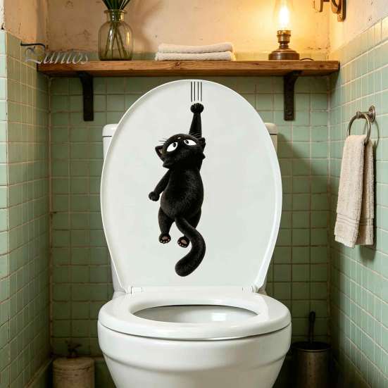 Bathroom Toilet Decals Furry Black Cat Seat Sticker, Waterproof PVC Decal, Removable Pattern Cute Animal Wall Art for Tank And Lid Decoration Humorous