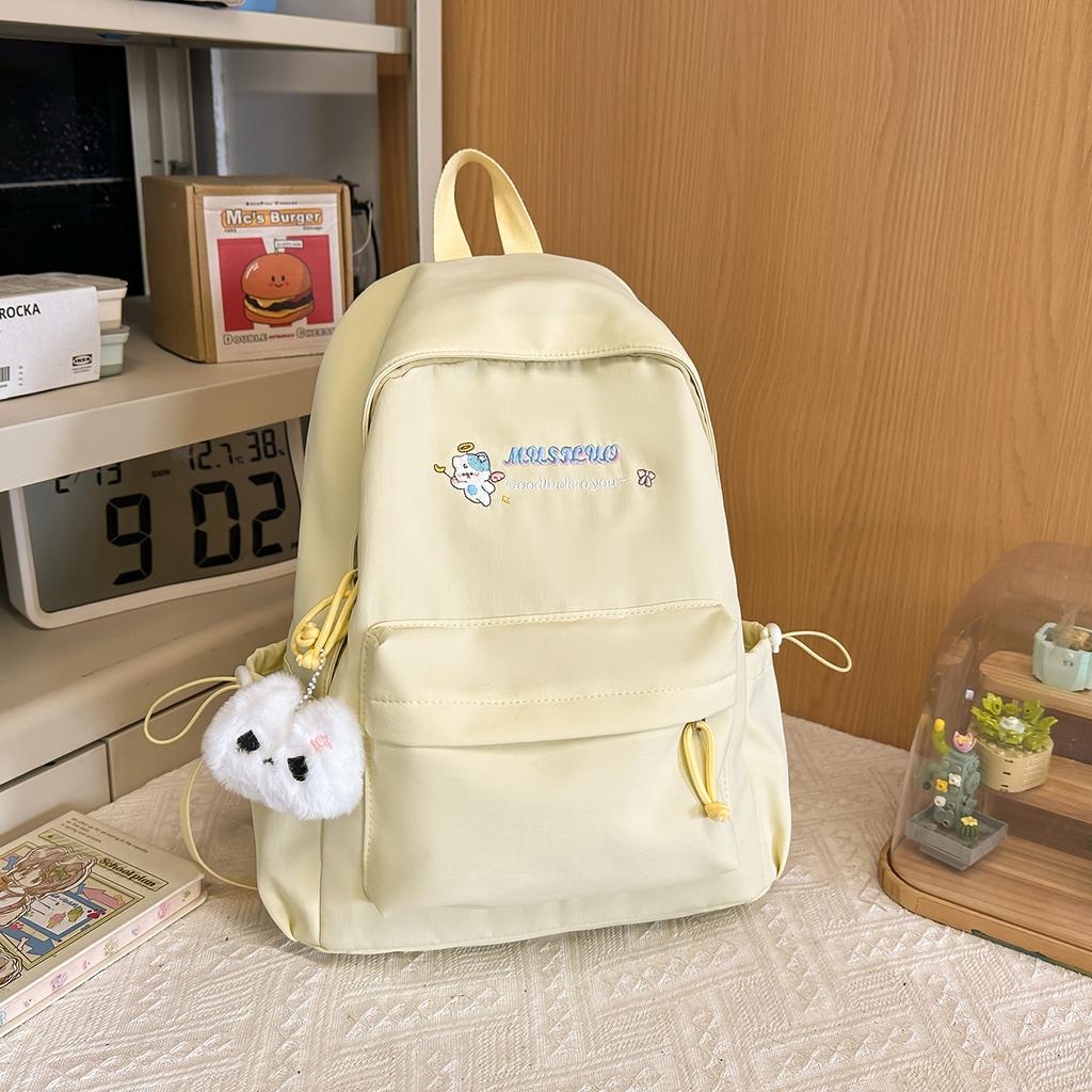 Schoolbag Solid Color Student Backpack English Cartoon Embroidery High Value School Bag Female Class Travel Commuting Versatile Backpack