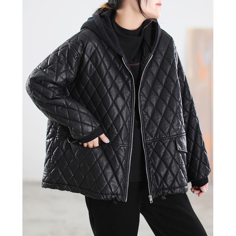 100Kg Large Size Women's  Korean Version Loose Thickened Padded Hooded Leather Jacket Women's New Winter Jacket Women's Trend