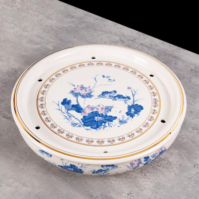 14-inch Ceramic Round Tea Tray for Gongfu Tea, with Double-Layer Water Storage