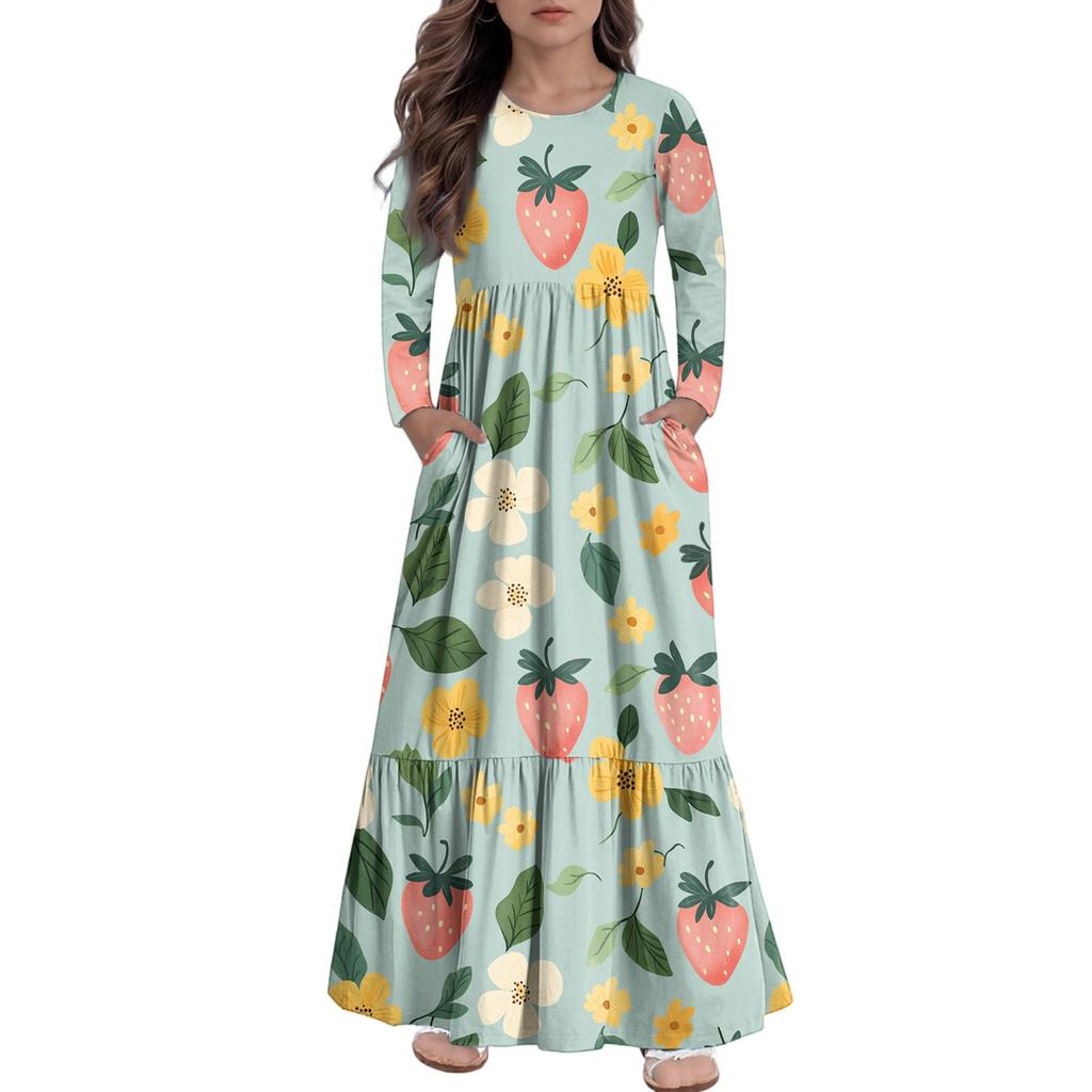 Girls' Maxi Dress Casual Holiday Dresses - Long Sleeve Dress With Pockets For 4-14Y