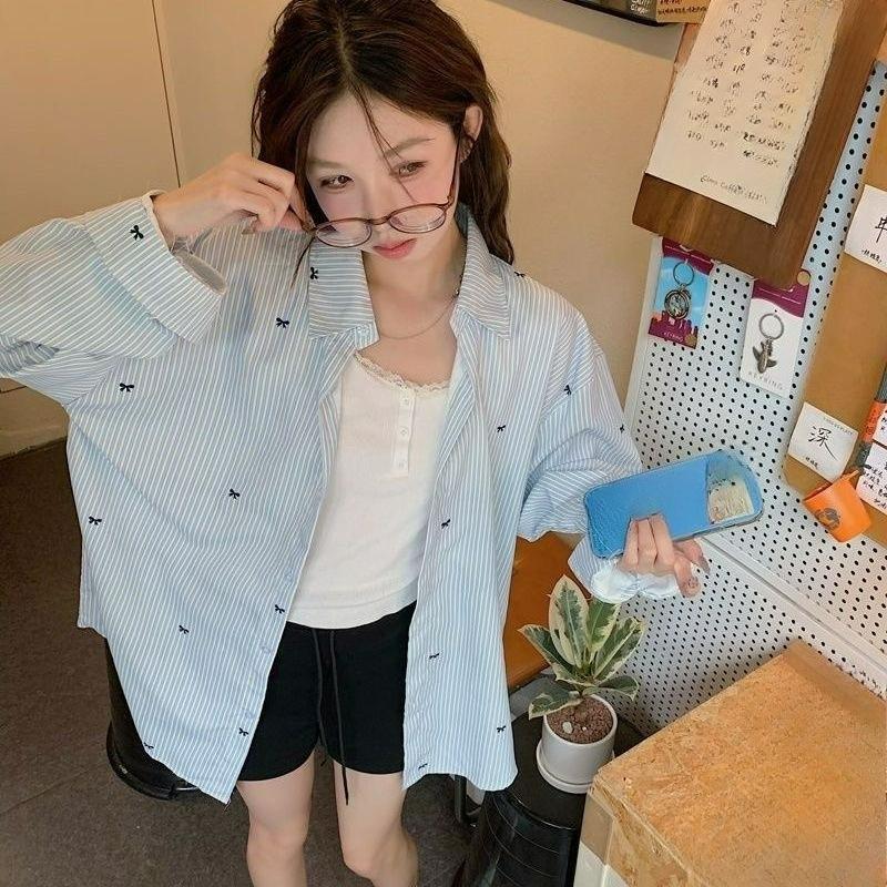 Blue Striped Bow Print Long-sleeved Shirt Women's Spring and Autumn Design Sense Niche Loose Shirt All-match Blouse Trend