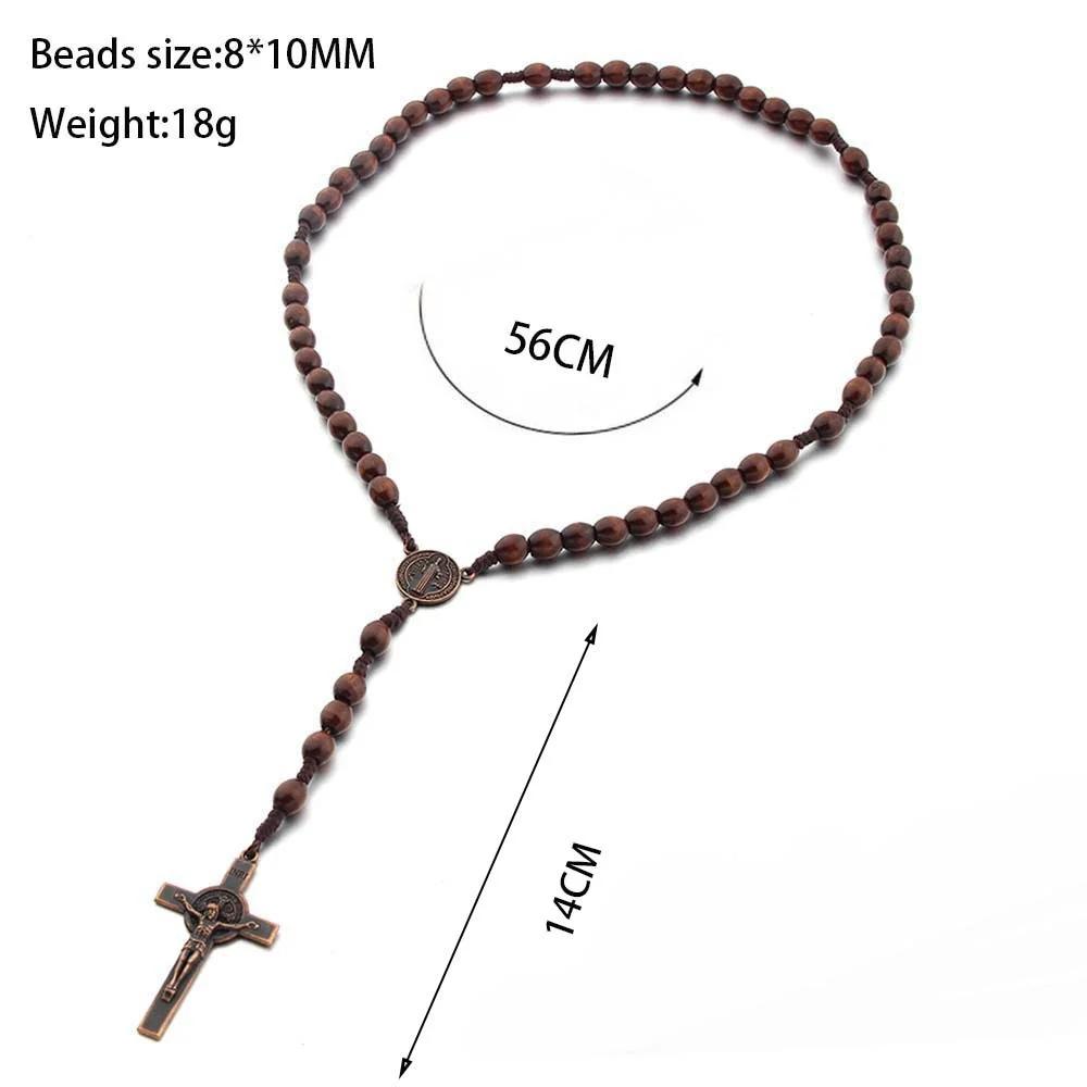 Handmade Weave Saint Benedict Medal Antique Wooden Rosary Cross Car Hanging Vintage Catholic Religious Jesus Ornament