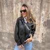 Women Autumn Winter Casual Long Sleeve  Zip Pu Motorcycle Jacket Coat with Packet