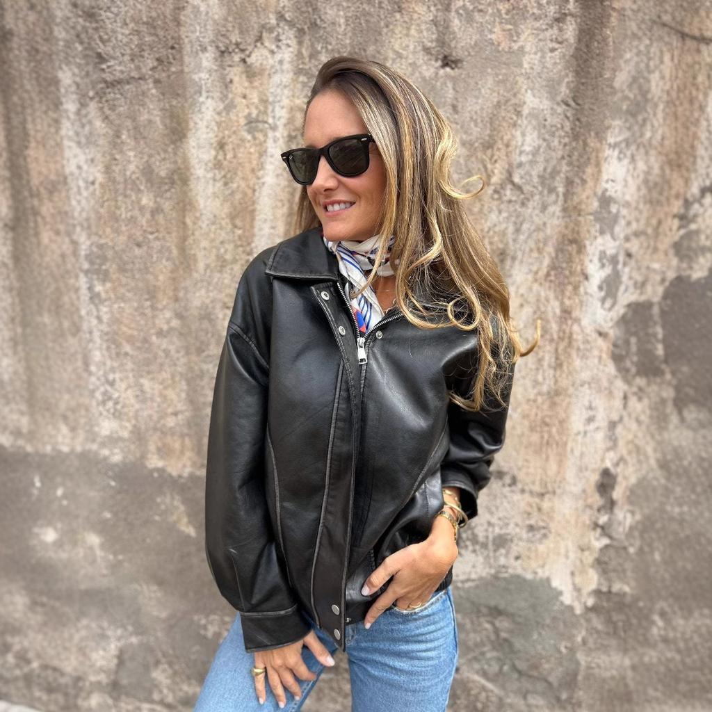 Women Autumn Winter Casual Long Sleeve  Zip Pu Motorcycle Jacket Coat with Packet