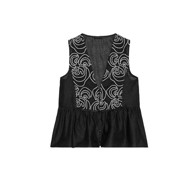 Summer New Product Women's Clothes Minimalist Easiest for Match Seaside Vacation Style Lace Embroidered V-neck Sleeveless Shirt 3666075