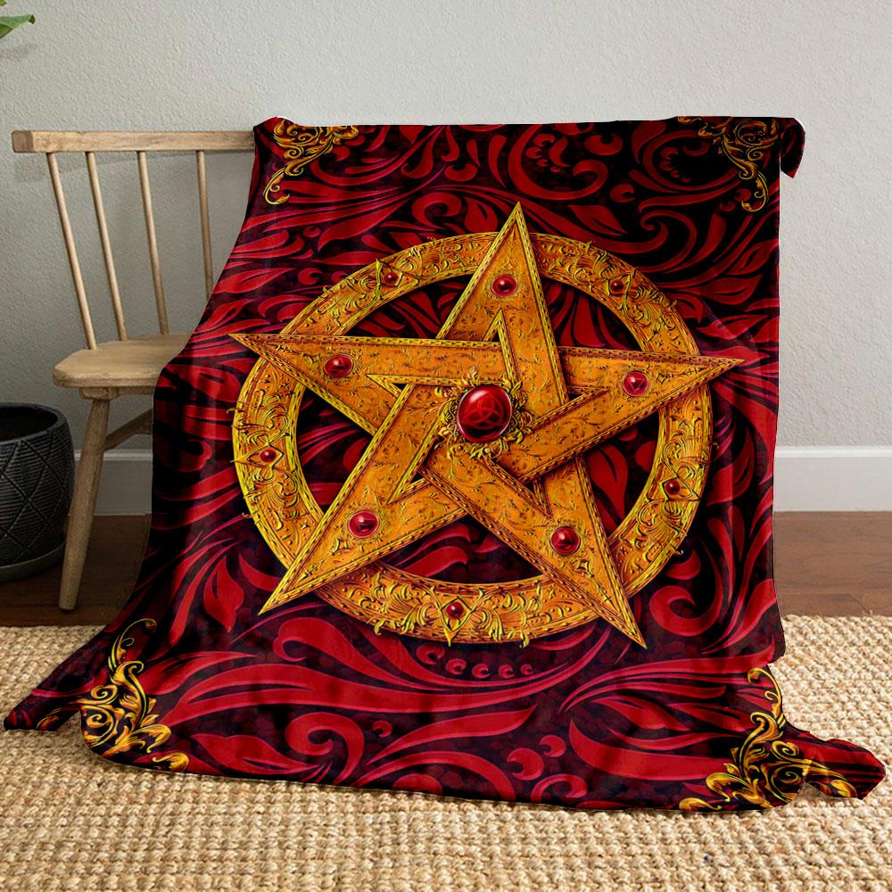 Intricate golden pentagram with red gems on swirling red floral background. for all seasons blanket lunch break throw gift