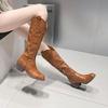Autumn and winter new side zipper boots retro square head V-mouth embroidered thick heel western fashion high boots