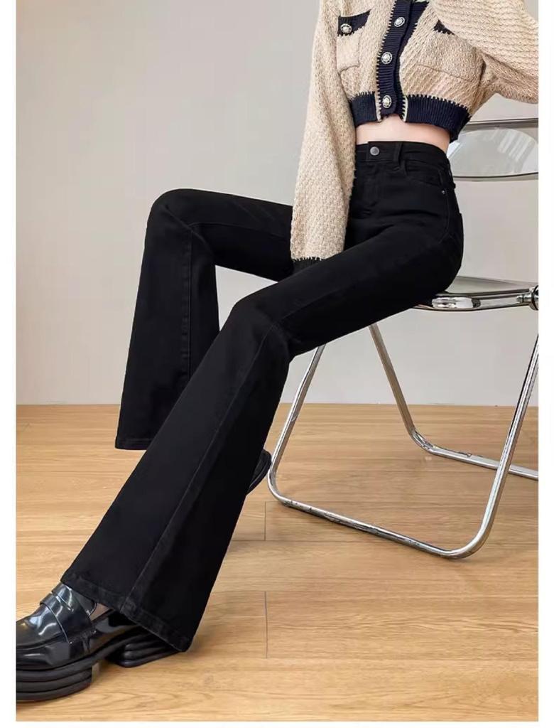 2024 Women's High Waist Velvet Flared Jeans – Slim Fit, Black, Autumn/Winter Collection