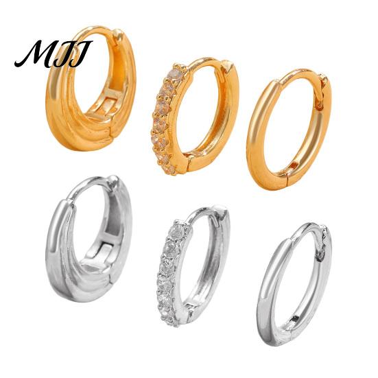 Alloy Earrings 3Pcs Round Hoop Classic Fashion with Diamond-encrusted Spring-Lock Closure Versatile Stackable Jewelry for Women