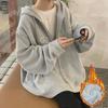 Women's Plus Size Velvet-Lined Embroidered Hooded Sweatshirt - Cozy Autumn/Winter Loose Fit Zipper Cardigan