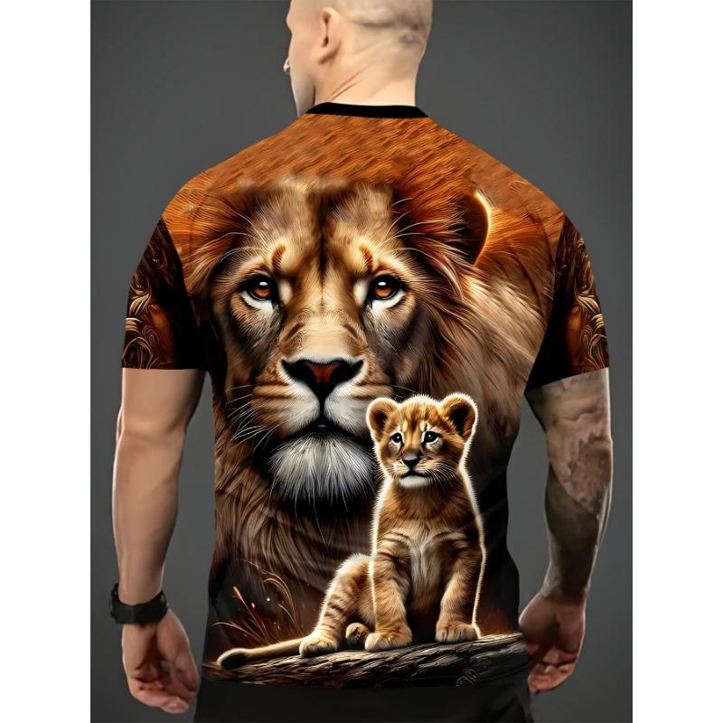 Men's Lion and Cub 3D Printed T-Shirt Casual Short Sleeve Crewneck Top Cool Animal King Family Graphic Tee Trendy Hip Hop Style Streetwear Fashion
