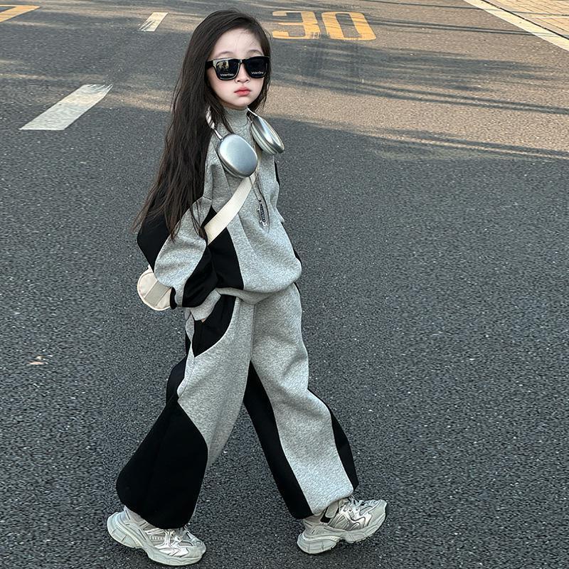 Autumn Winter Kid Girls Clothes Suit Child Patchwork Loose Sweatshirt T-shirt Top and Loose Pant Tracksuit