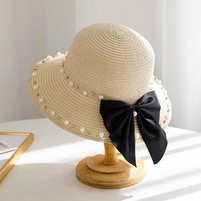 Hat Women's Summer Beach Travel Vacation Pearl Bow Straw Hat Fashion Sunscreen Sun Hat Versatile Sun Hat