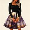Women's Vintage Long Sleeve Square Neck Halloween Print Evening Dress for Party Occasions