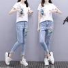 Women's Summer Personalized Set Design Embroidery Short Sleeve T-Shirt + Small Feet Hole Breaking Jeans Two Piece Set