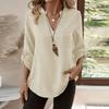 Women's Fashion Nine-minute Sleeve Cotton Linen Solid Colour Casual V-Neck Pocket Blouse Top