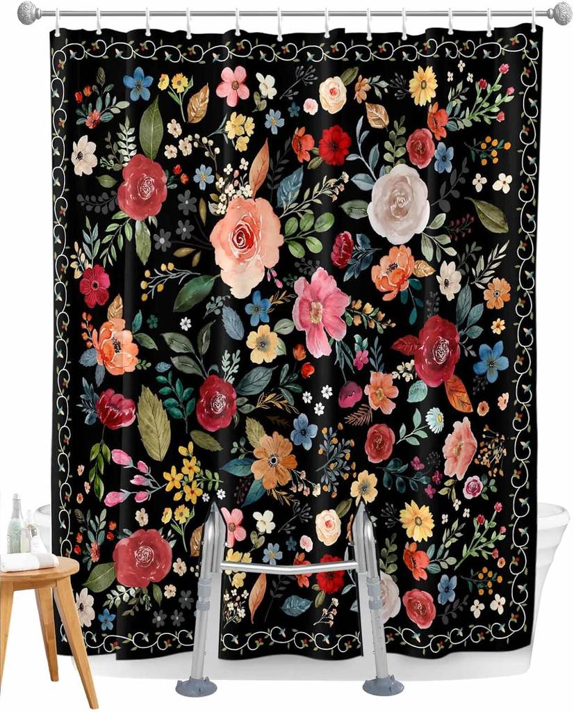 Split Shower Curtain For Transfer Bench, Black Bear Rustic Cabin Design, Waterproof Woodland Fabric With Hooks